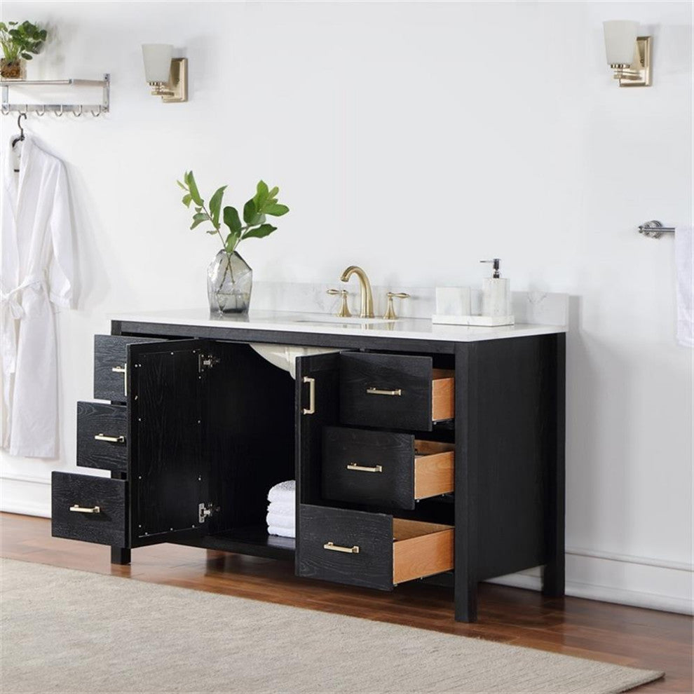 Hadiya 60" Single Bathroom Vanity Set in Black Oak Marble Top without Mirror