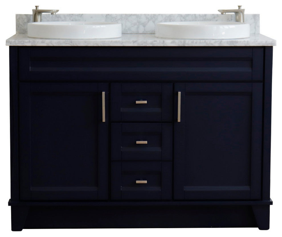 48" Double Sink Vanity, Blue Finish With White Carrara Marble And Round Sink