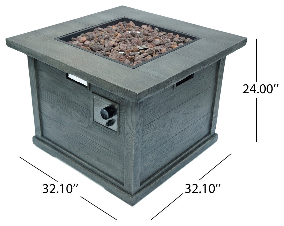 GDF Studio Ellesmere Outdoor Wood Patterned Square Gas Fire Pit, Gray Wood Patte