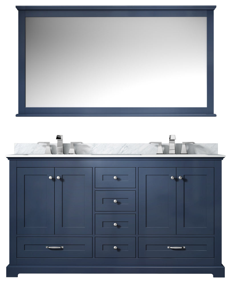 Dukes 60" Navy Blue Double Vanity, White Square Sinks, 58" Mirror With Faucets