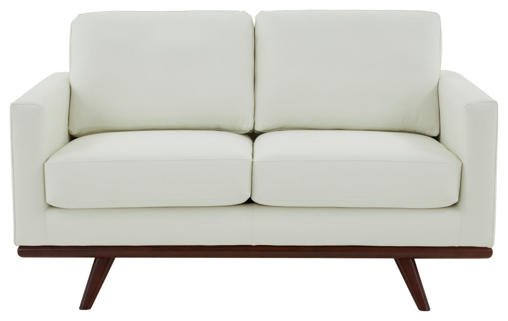 LeisureMod Chester Modern Leather Loveseat With Birch Wood Base, White