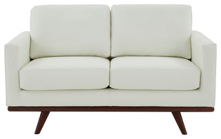 LeisureMod Chester Modern Leather Loveseat With Birch Wood Base, White