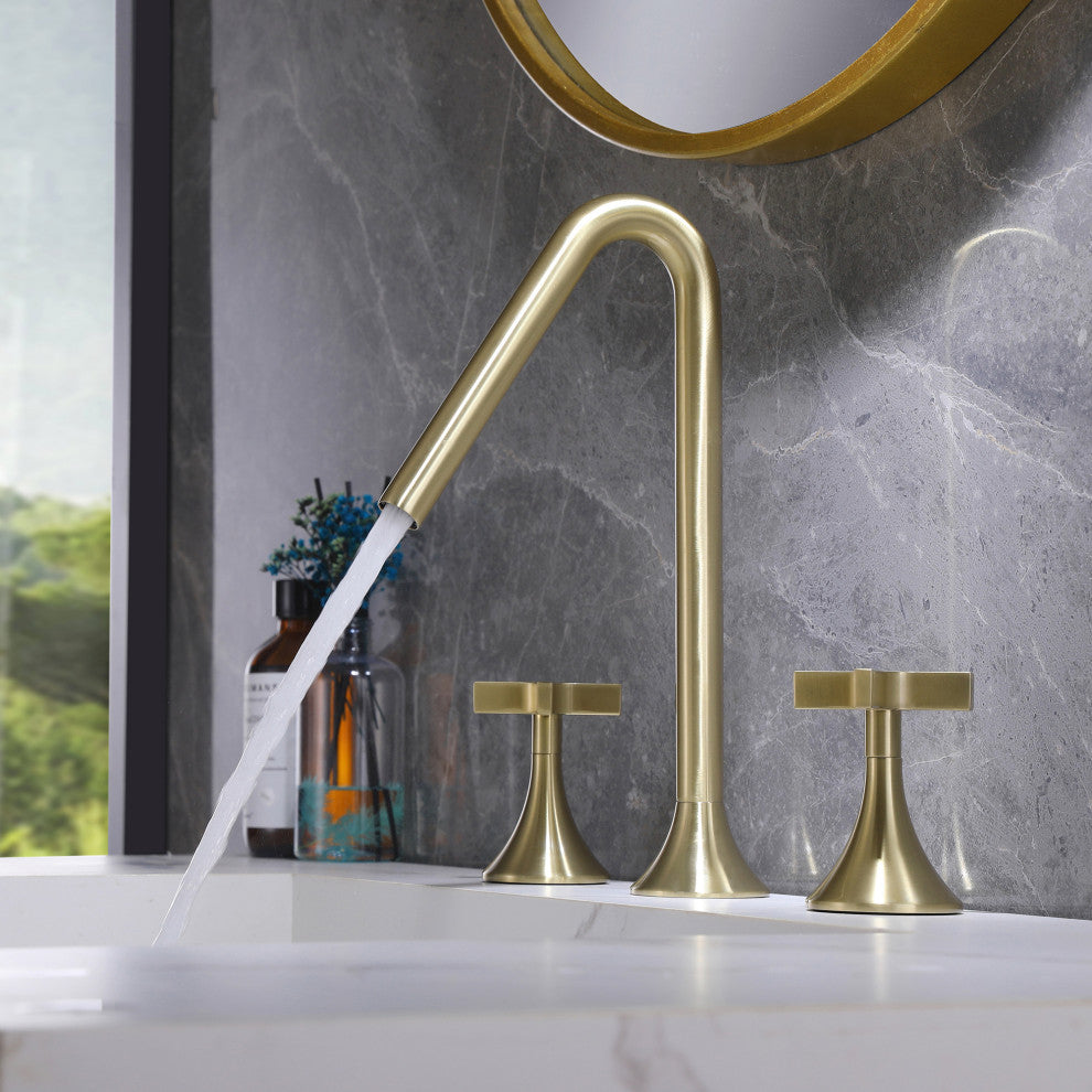 Deck Mounted Dual Cross Handles Bathroom Sink Faucet, Brushed Gold