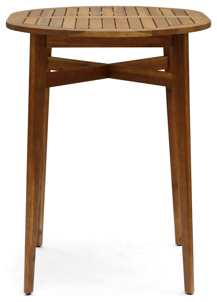 Beryl Outdoor Rustic Acacia Wood Bar Table With Slat Top, Teak Finish