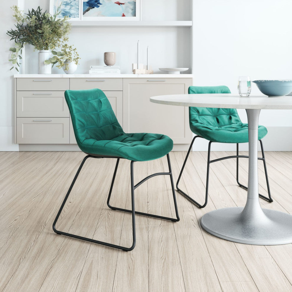 Dining Chair, Set of 2, Steel Metal, Fabric, Green, Black, Kitchen Cafe Bistro