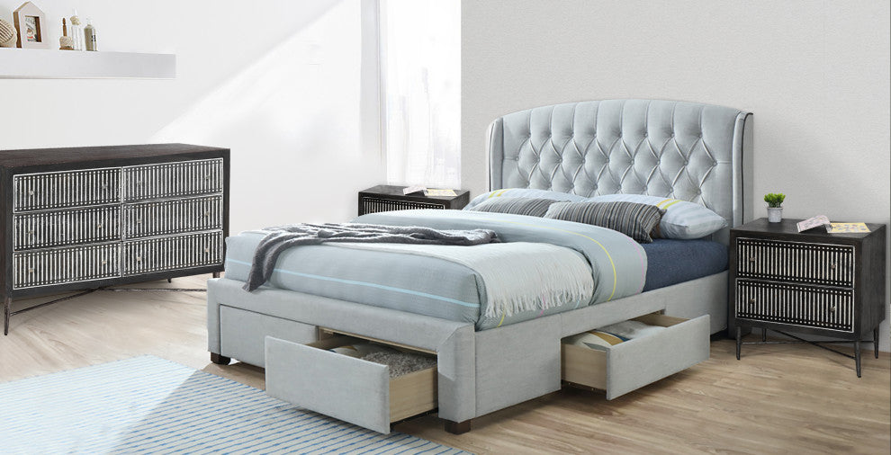 Adele 4-Piece Bedroom Set - King Size Upholstered Bed, 2 Nightstands, 1 Dresser