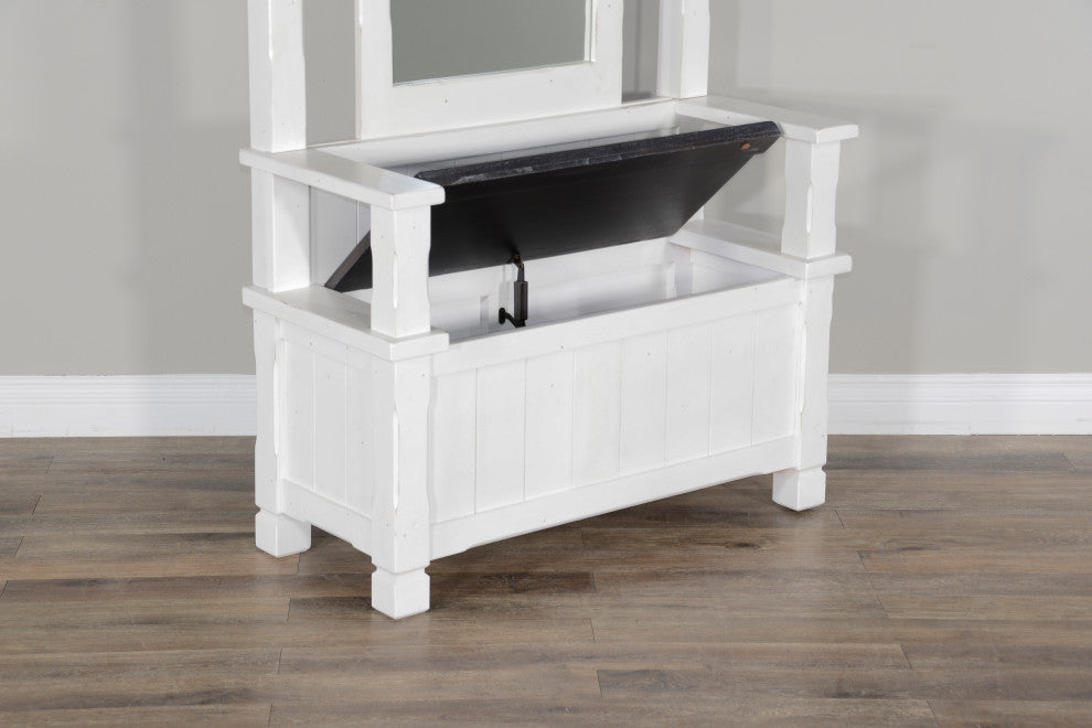 78" Narrow White and Black Entryway Bench Hall Tree With Mirror Bench Storage