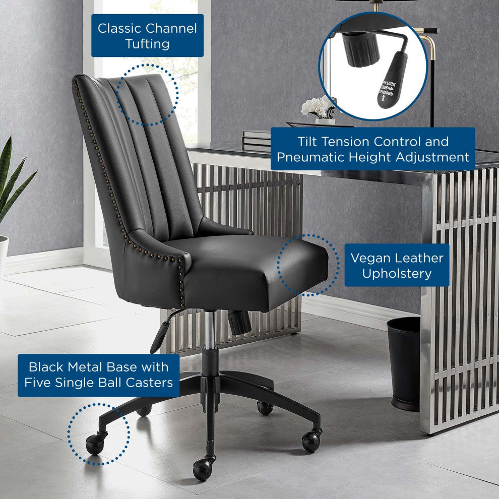 Computer Work Desk Tufted Chair, Faux Vegan Leather, Black, Home Business Office