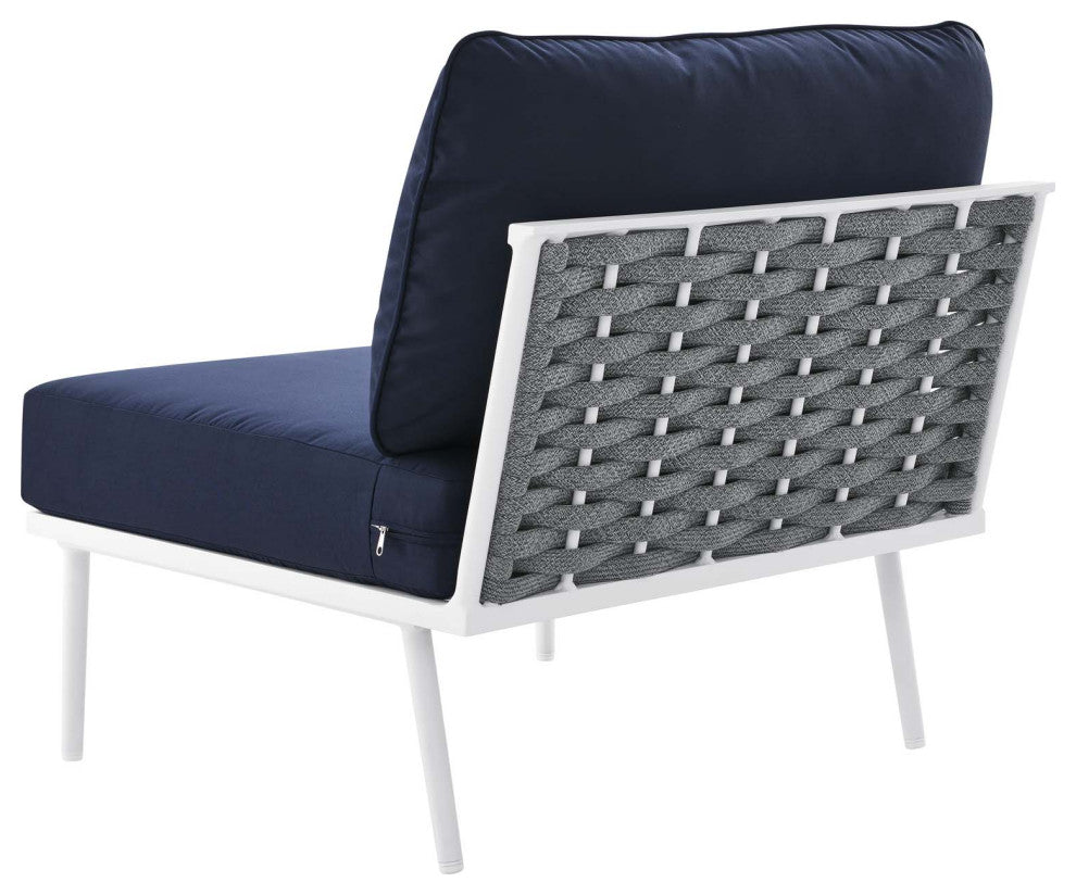 Lounge Chair Table Set, Navy White, Aluminum, Modern, Outdoor Patio Hospitality