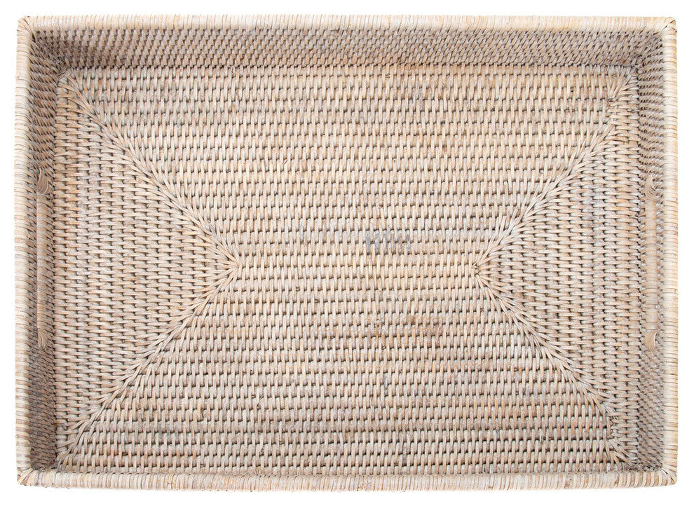 Artifacts Rattan Rectangular Tray With Cutout Handles, White Wash
