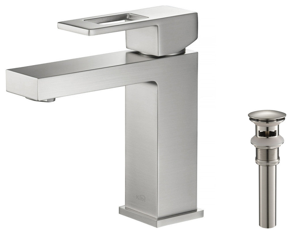 Cubic Single Hole Bathroom Faucet KBF1002, Brush Nickel, W/ Drain