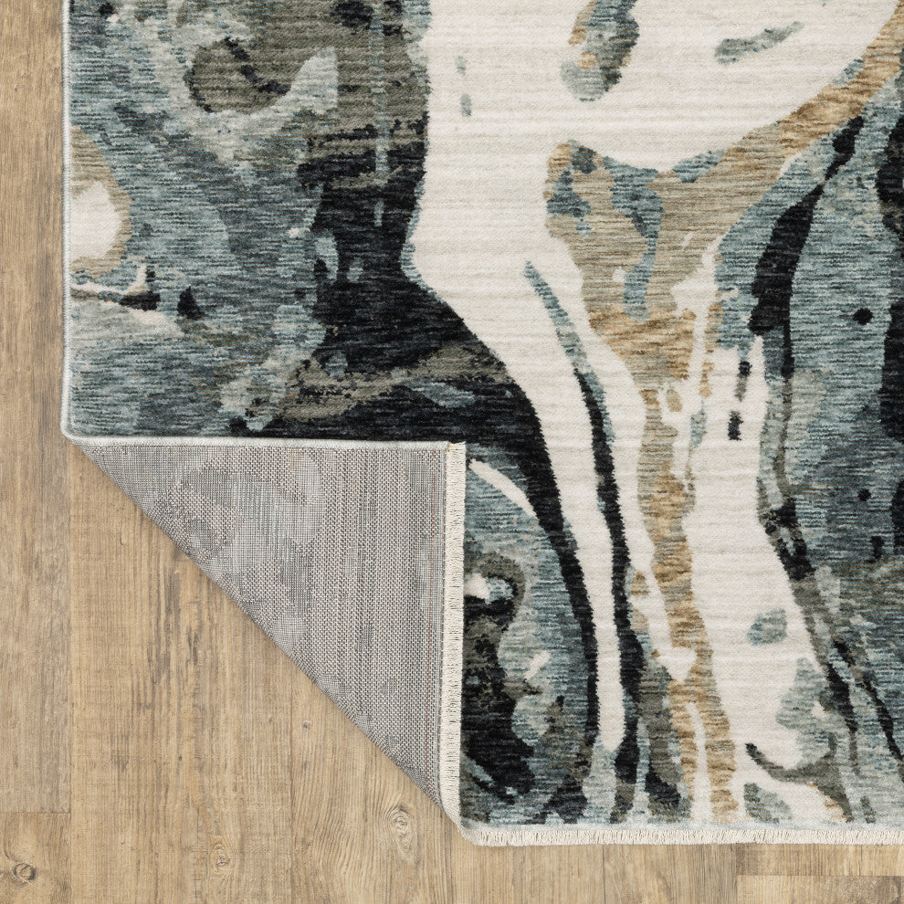 Easely Modern Abstract Elements Steel Blue/ Ivory Area Rug, 6'7" x 9'6"