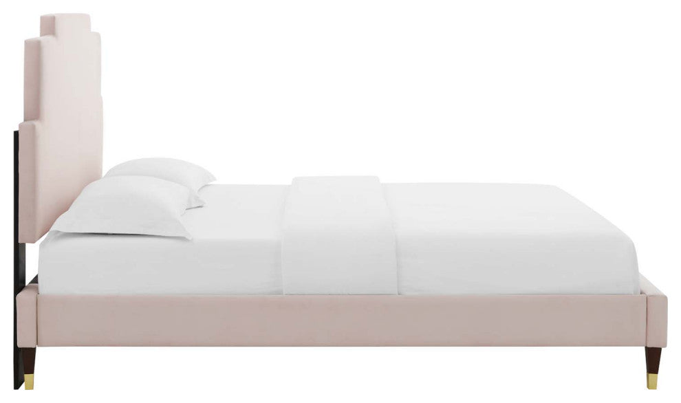 Platform Bed Frame, Full Size, Velvet, Pink, Modern Contemporary, Bedroom Master
