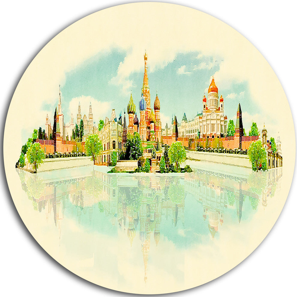 Moscow Panoramic View, Cityscape Watercolor Round Wall Art, 11"
