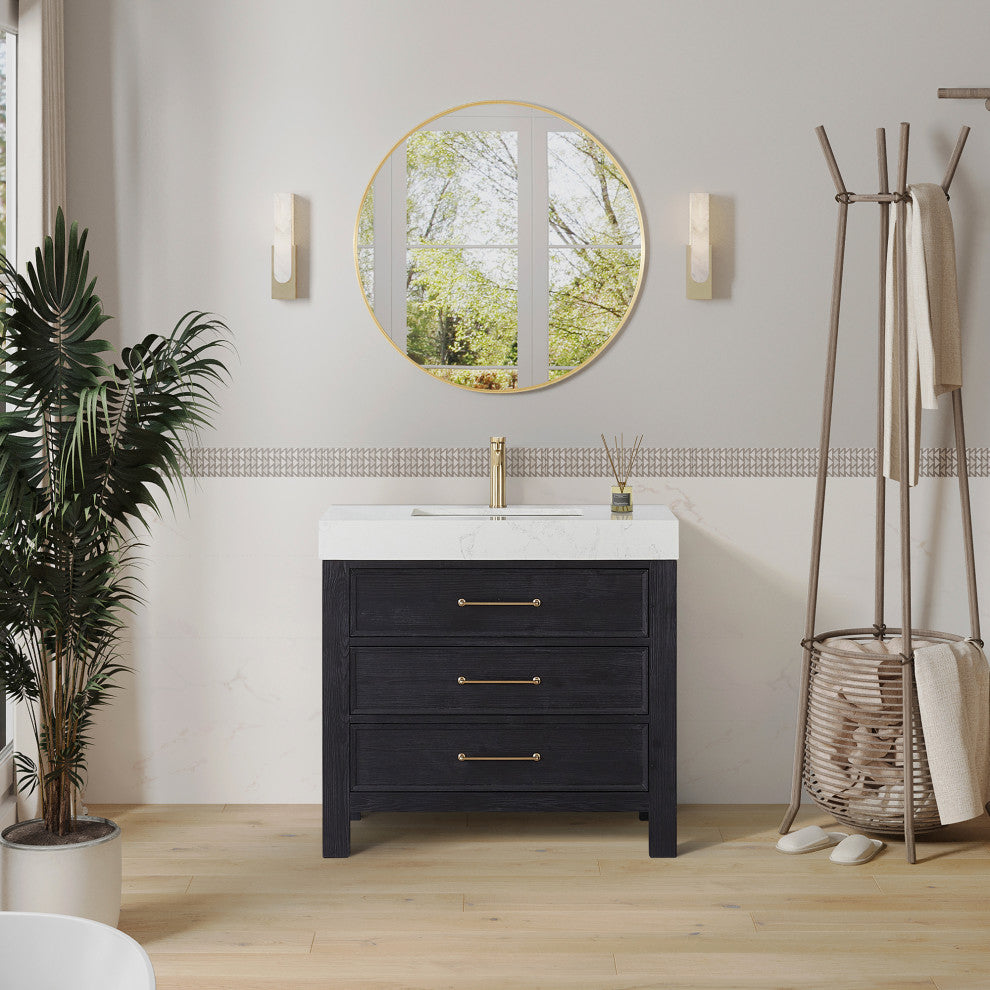 Leon Bath Vanity With Composite Stone Top, Fir Wood Black, 36", With Mirror