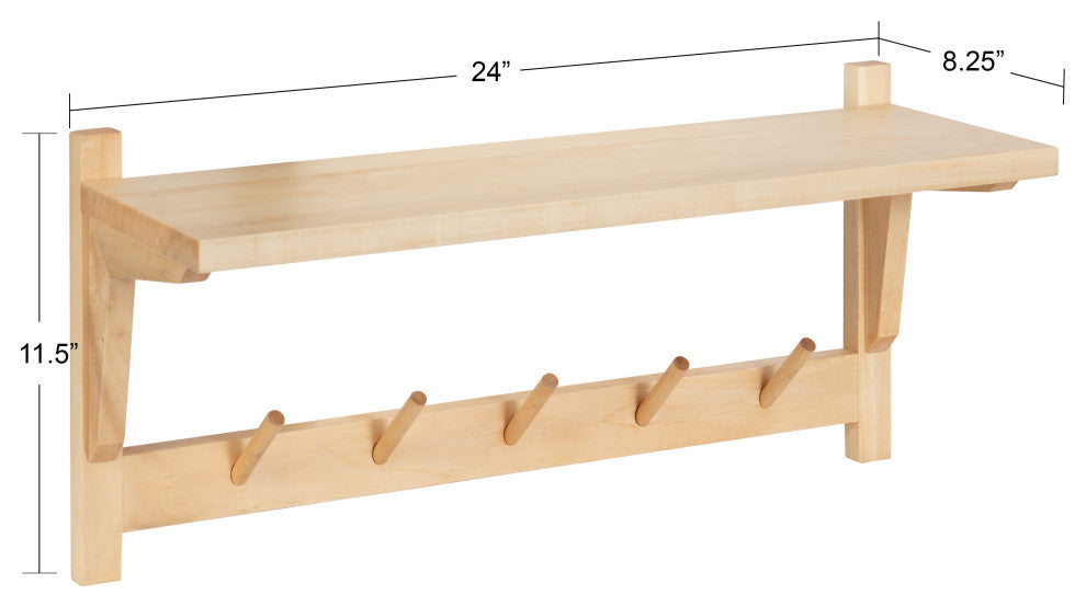 Meridien Shelf with Hooks, Natural 24x8x12