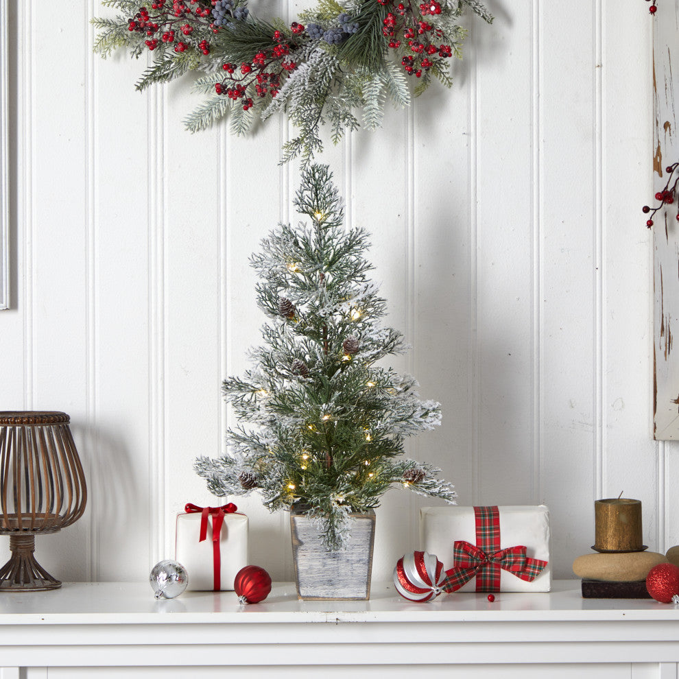 2' Frosted Pre-Lit Artificial Christmas Tree With Pinecones, Decorative Planter