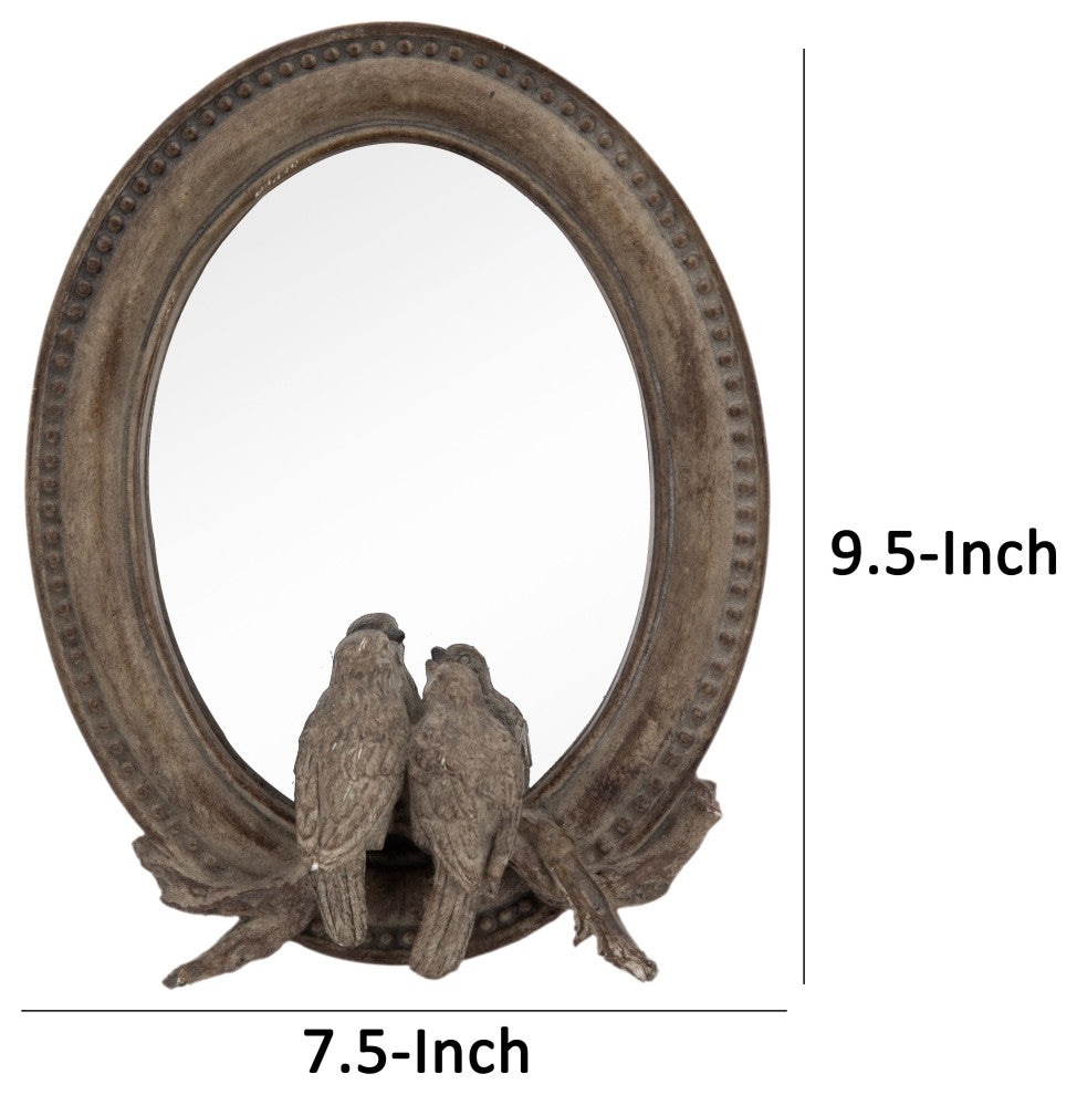 Benzara BM285549 10" Resin Oval Accent Table Mirror, Perched Birds, Dark Bronze