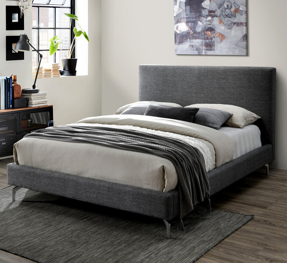 Harry Upholstered Platform Bed Queen Size, Dark Grey