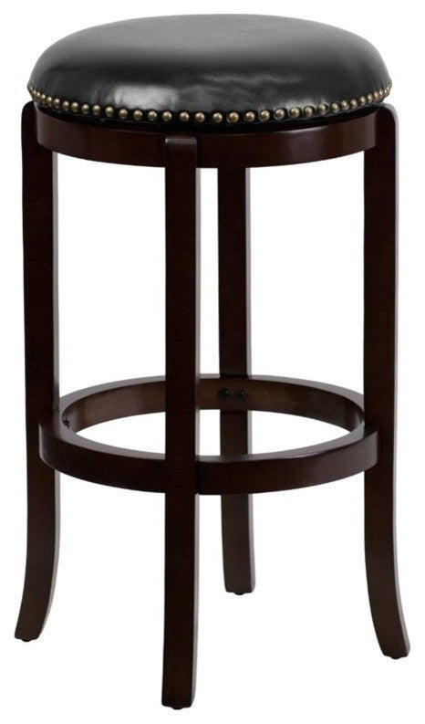 29" High Backless Cappuccino Wood Barstool With Black Leather Swivel Seat