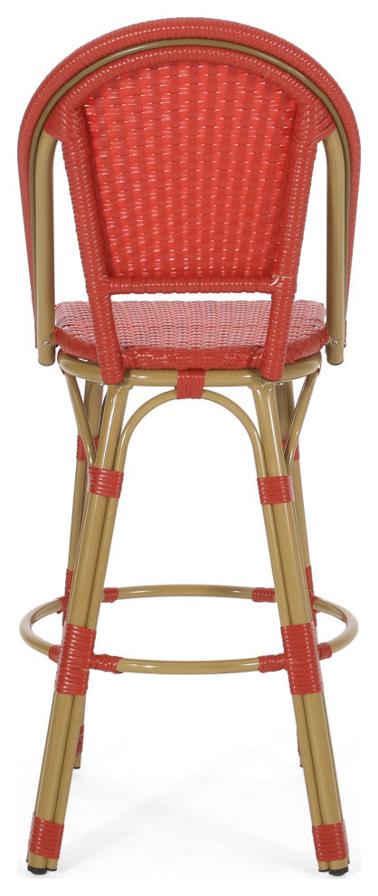 Cotterell Outdoor French Wicker and Aluminum 29.5" Barstools, Set of 4, Red/Bamboo Finish