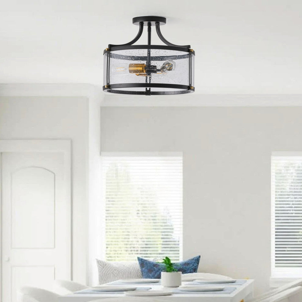 Farmhouse Matte Black 3-Light Seeded Glass Semi Flush Mount Ceiling Light
