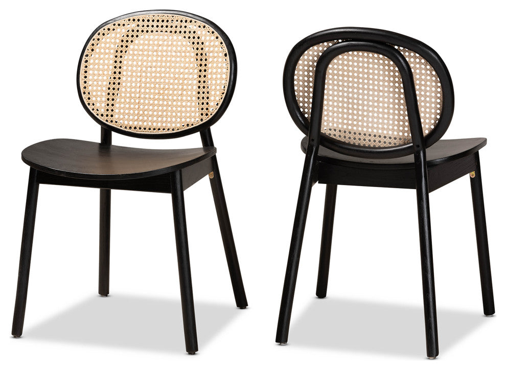 Halen Brown Woven Rattan and Black Wood Finished 2-Piece Cane Dining Chair Set