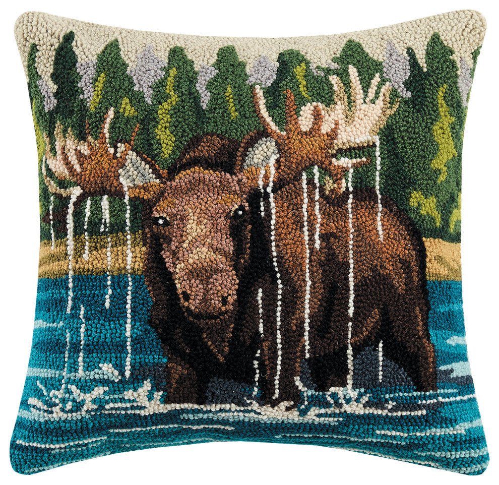 Moose In The Lake Hook Pillow