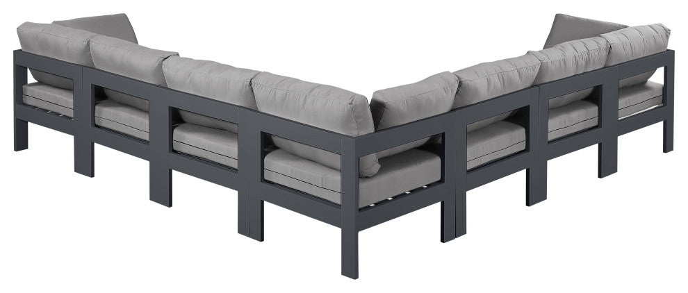Nizuc Water Resistant Patio L-Shaped Modular Sectional, Gray, 7-Piece: 4 Armless Chair, 3 Corner Chair, Dark Gray Aluminum Frame