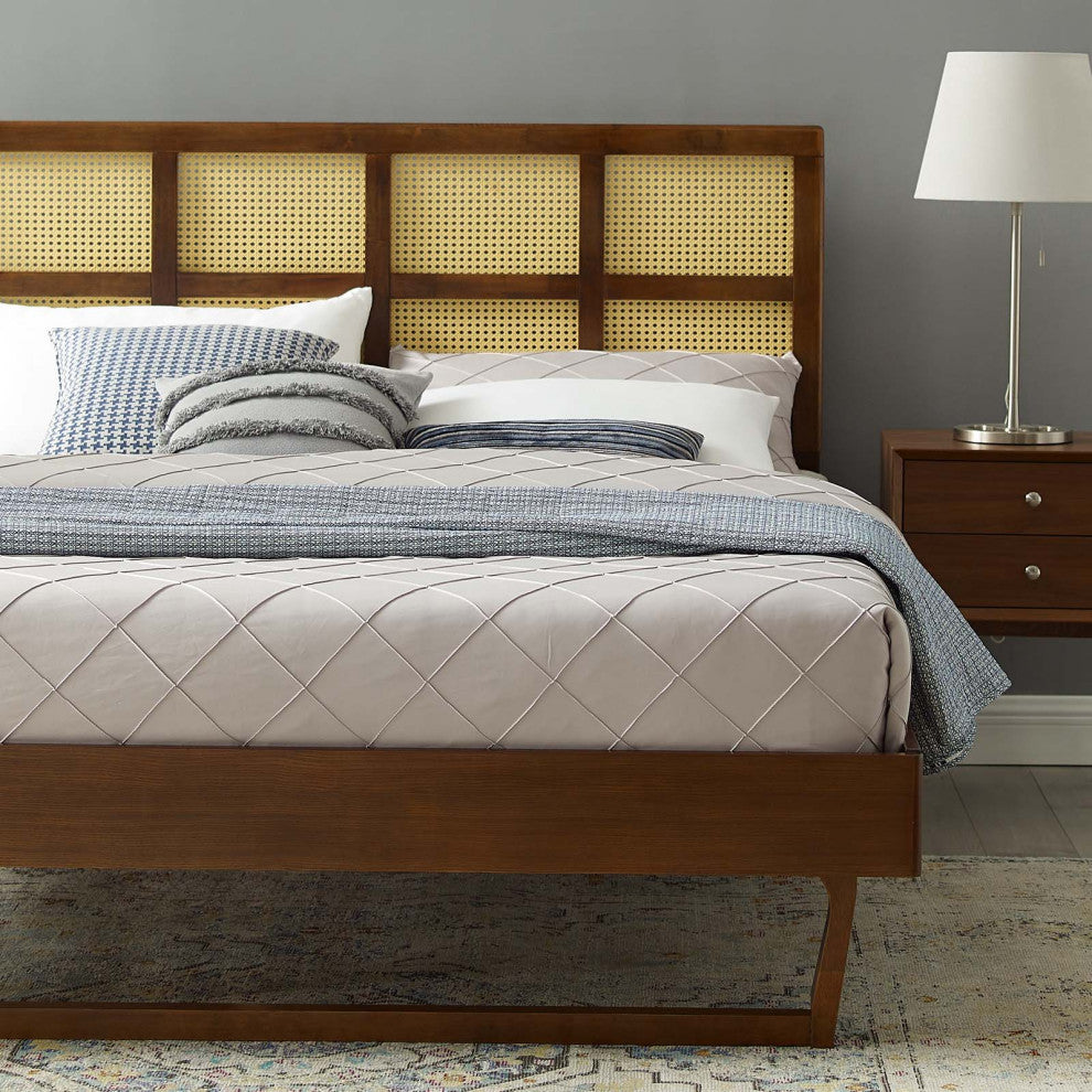 Platform Bed Frame, Queen Size, Wood, Brown Walnut, Modern Mid-Century, Bedroom
