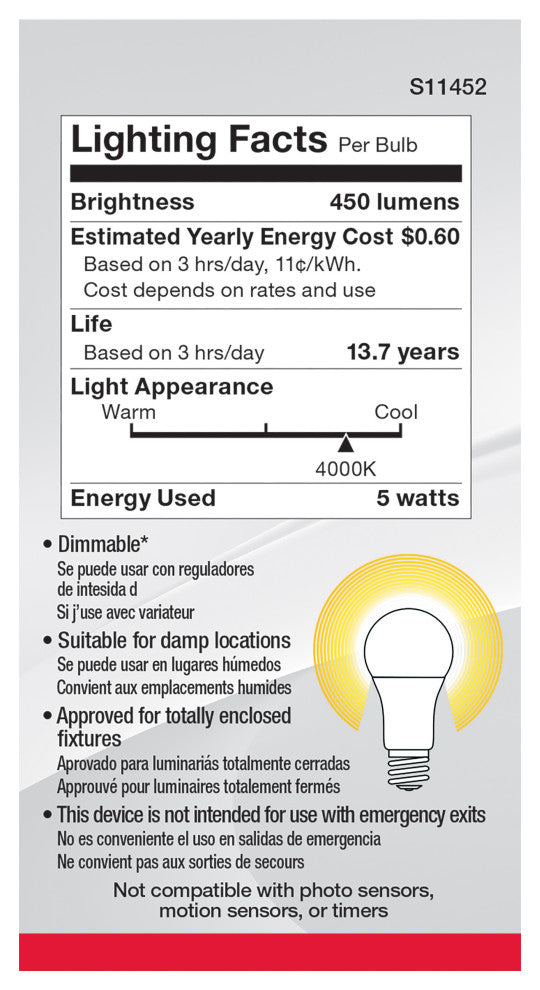 5W A19 LED, 4000K, Dimmable, Medium Base, 230 deg. Beam Angle, 4-Pack