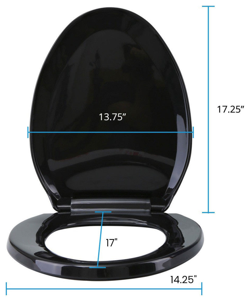 Black Elongated Toilet Seat with Non Slip Oval Seat Bumpers and Adjustable Hinge