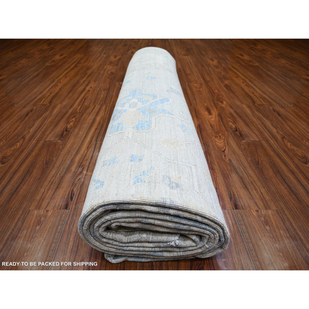 Ash Gray, Stone Washed Peshawar Wool Hand Knotted Oriental Rug, 11'6"x17'4"