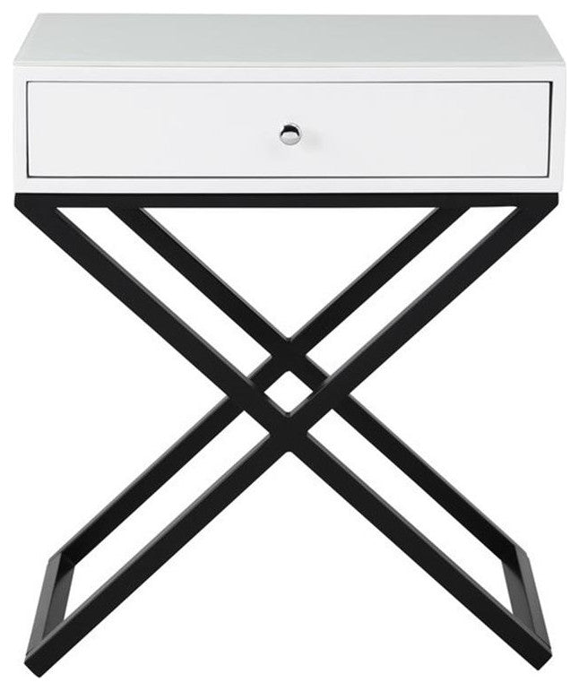 Koda White Wooden End Side Table Nightstand w/ Glass Top Drawer & Metal Base