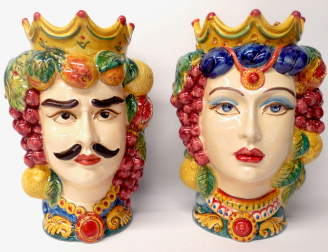 Sicilian Ceramiche Artistiche La Giara 14"� Signore e Signora Head Vase Pair