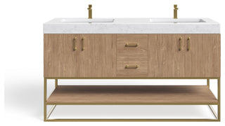 Bahia Bath Vanity, Oak, 60", Brushed Gold Hardware, Double, Freestanding