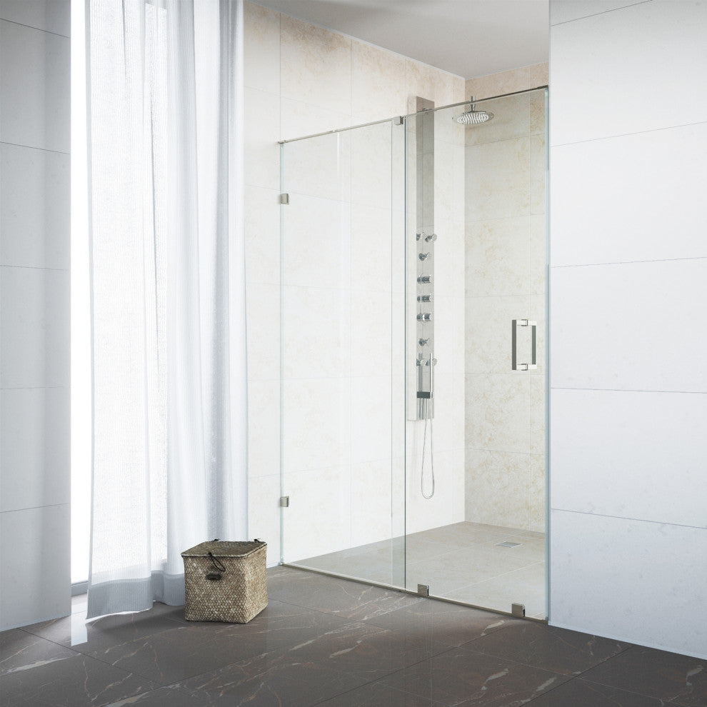 VIGO Ryland 60" to 62" W x 73" H Frameless Track Sliding Shower Door, Stainless Steel, Clear Glass