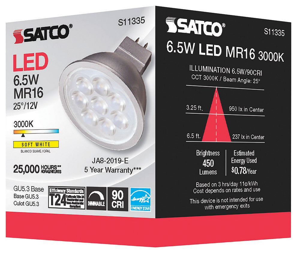 6.5W, MR16 LED, 3000K, GU5.3 Base, 25 deg. Beam Angle, 12V