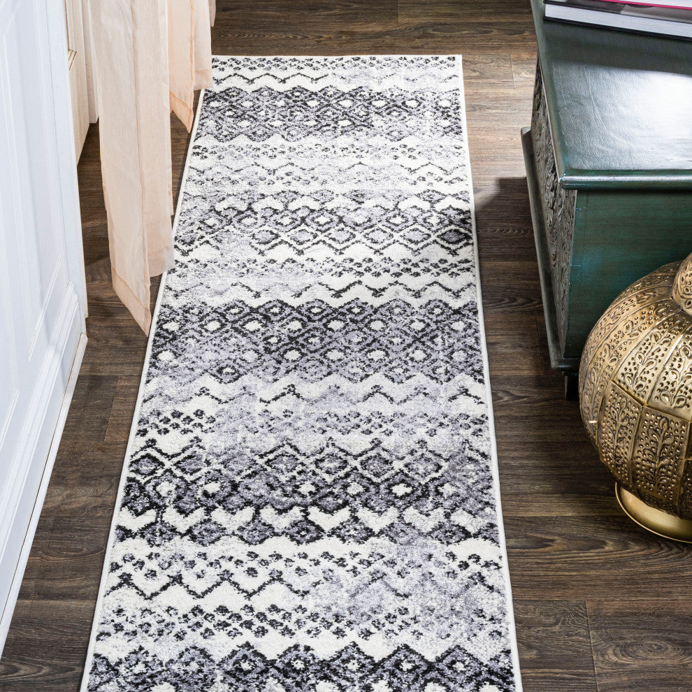 Azmar Moroccan Geometric Distressed Ivory/Black 2 ft. x 8 ft. Runner Rug