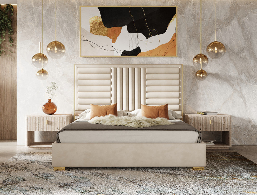 Modrest Daystar Modern Beige Velvet and Gold Bed, Eastern King
