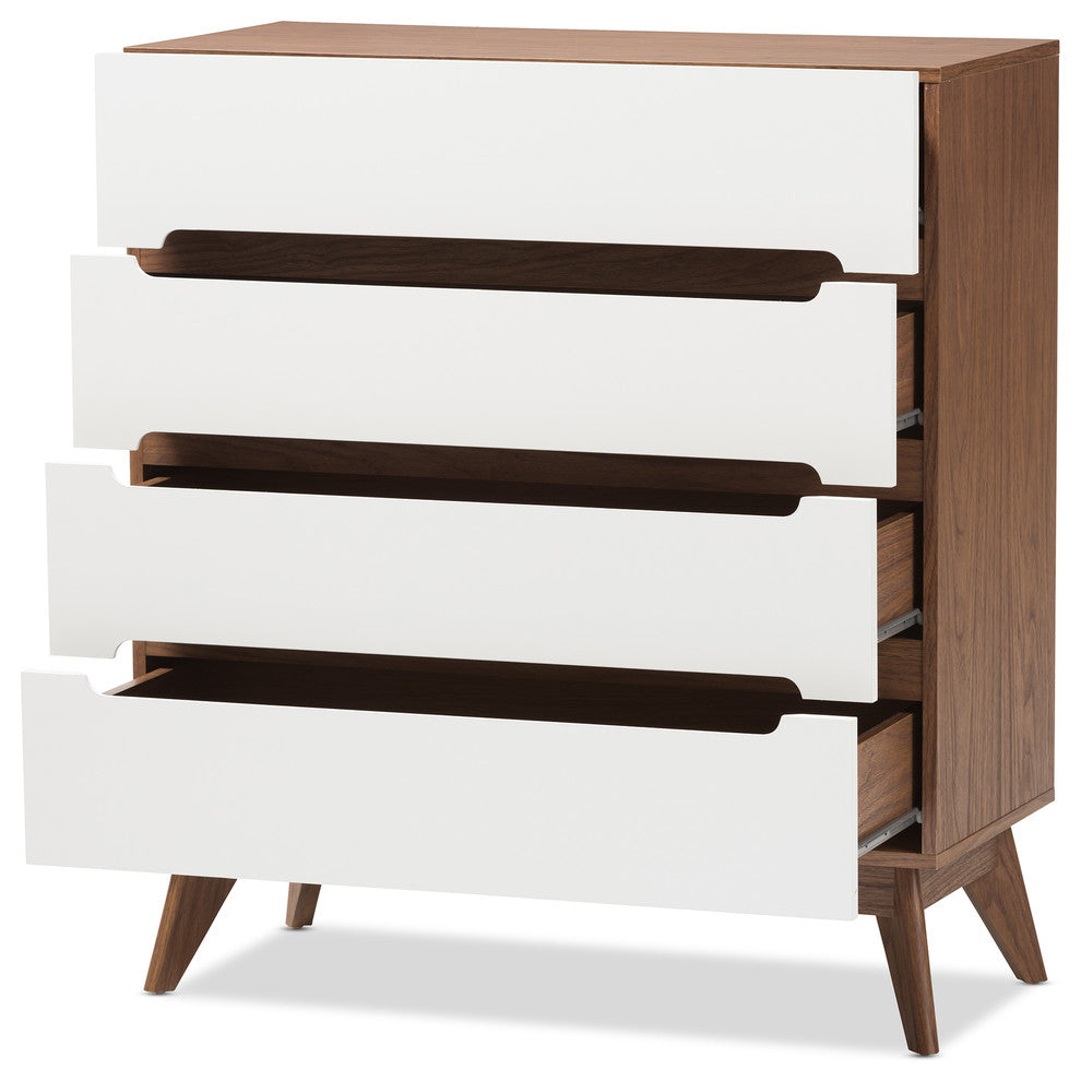 Calypso Mid-Century Modern White and Walnut Wood 4-Drawer Storage Chest