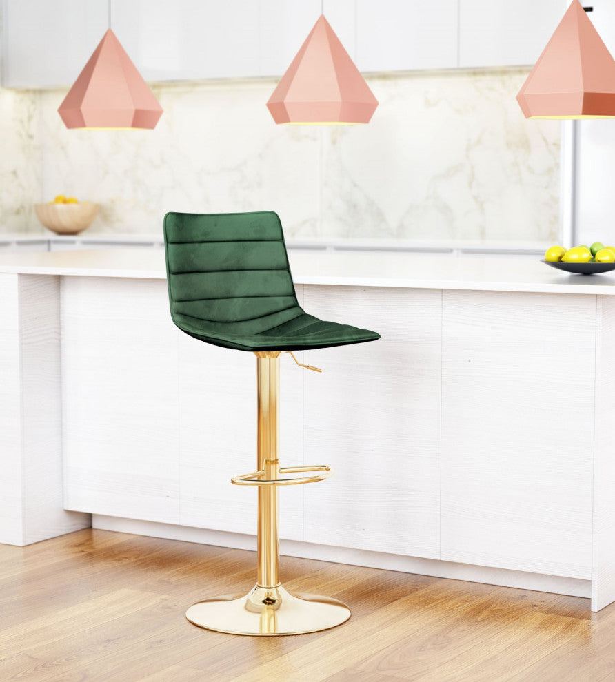 Bar Stool Chair Barstool, Steel Metal, Fabric, Green, Gold, Kitchen Cafe Bistro