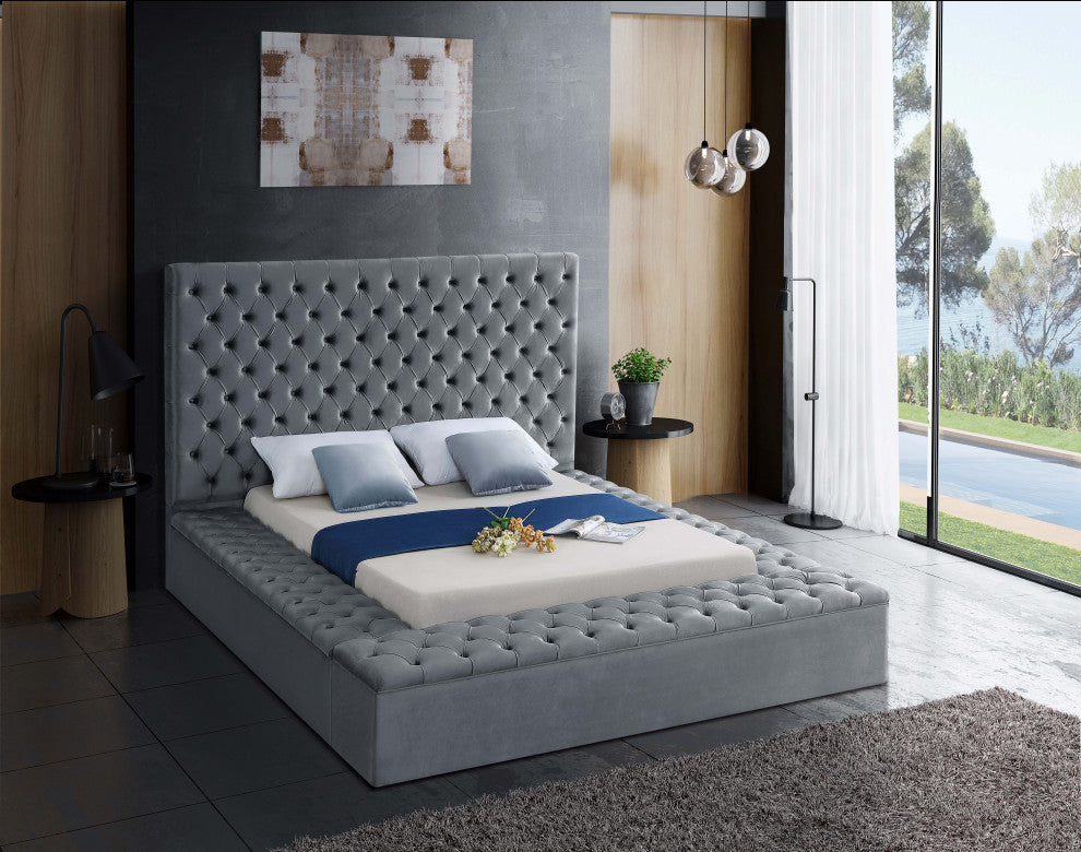 Bliss Velvet Upholstered  Bed, Gray, Full