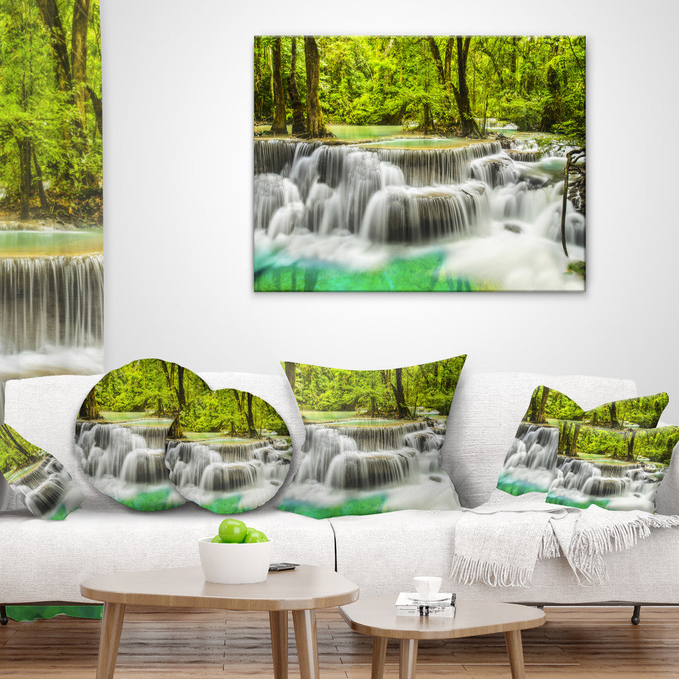 Erawan Waterfall View Photography Throw Pillow, 16"x16"