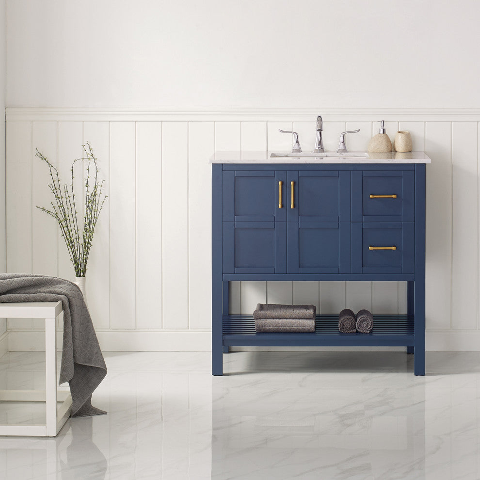 36" Vanity in Royal Blue with Carrara White Marble Countertop Without Mirror