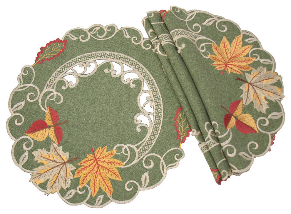 Delicate Leaves Embroidered Cutwork Fall Doilies, 16", Set of 4
