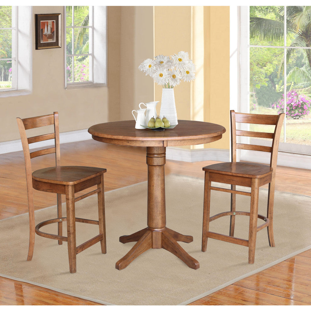 36" Round Pedestal Gathering Height Table With 2 Emily Counter Height Stools, Distressed Oak