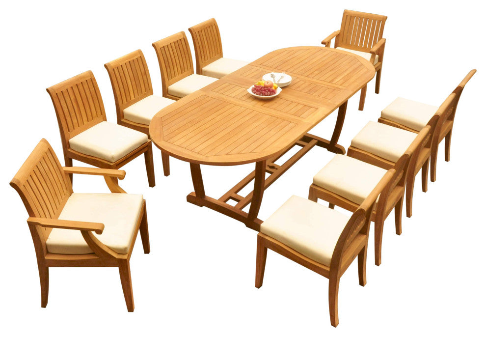 11-Piece Outdoor Teak Dining: 94" Masc Oval Extension Table, 10 Lagos Chairs