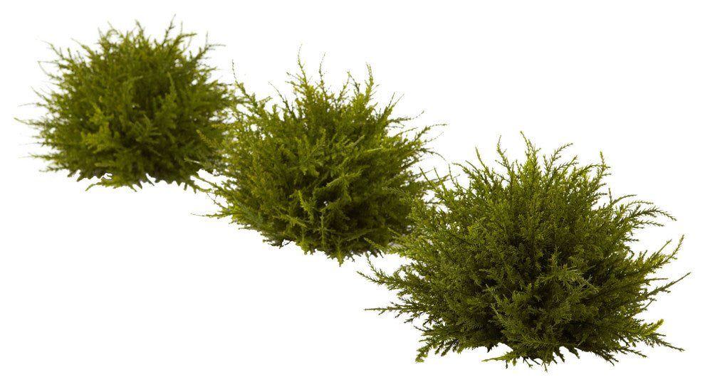 Three cedar ball clusters on white background; full view