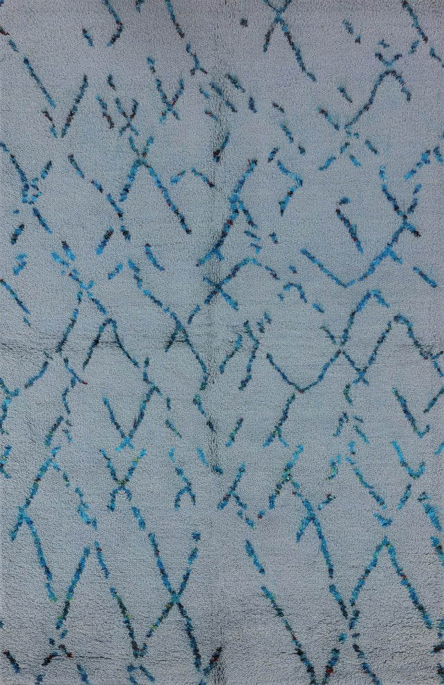 Modern Oriental Light Blue Moroccan Hand-Knotted Wool Rug, 5'x8'